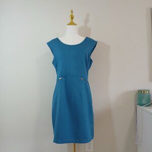 H&M Sheath Dress Women’s Size M Blue Pockets Zipper Back Sleeveless Career Wear
